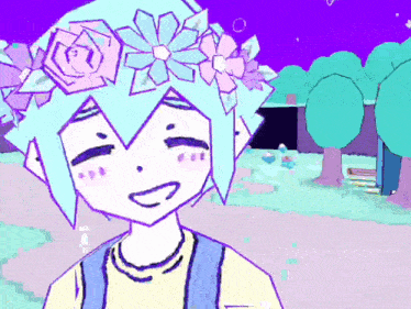 a cartoon character with blue hair and a flower crown on his head