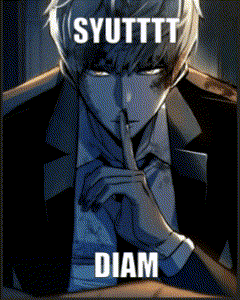 a man in a suit is making a silence gesture with his finger to his mouth and the words syuttttt diam are above him