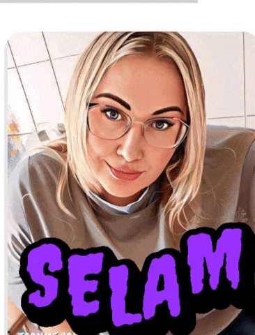 a picture of a woman with glasses and the word selam in purple letters