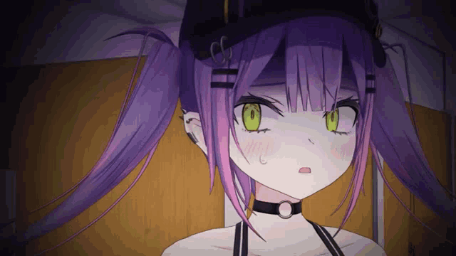 a girl with purple hair and green eyes is wearing a choker and a hat