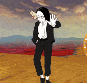 a cartoon drawing of a man in a suit and tie waving