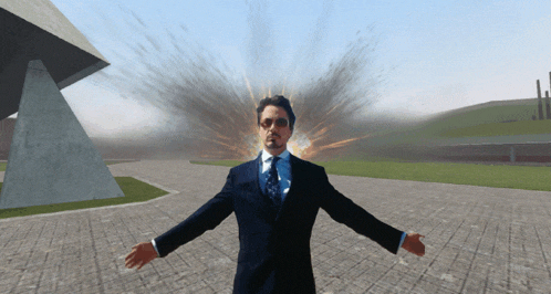 a man in a suit and tie stands with his arms outstretched