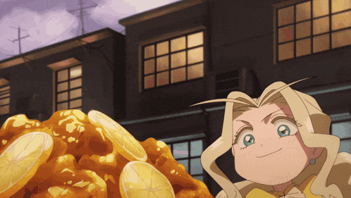 a cartoon girl stands next to a pile of lemon slices