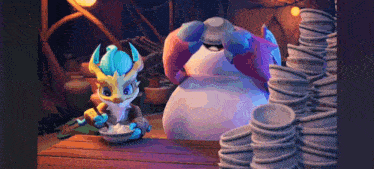 a cartoon character is sitting at a table with a bowl of food .