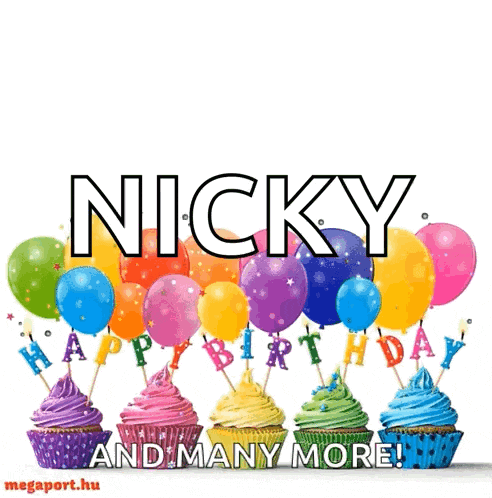 a birthday greeting card for nicky with cupcakes and balloons