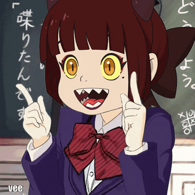 a drawing of a girl in a school uniform with vee in the lower right corner