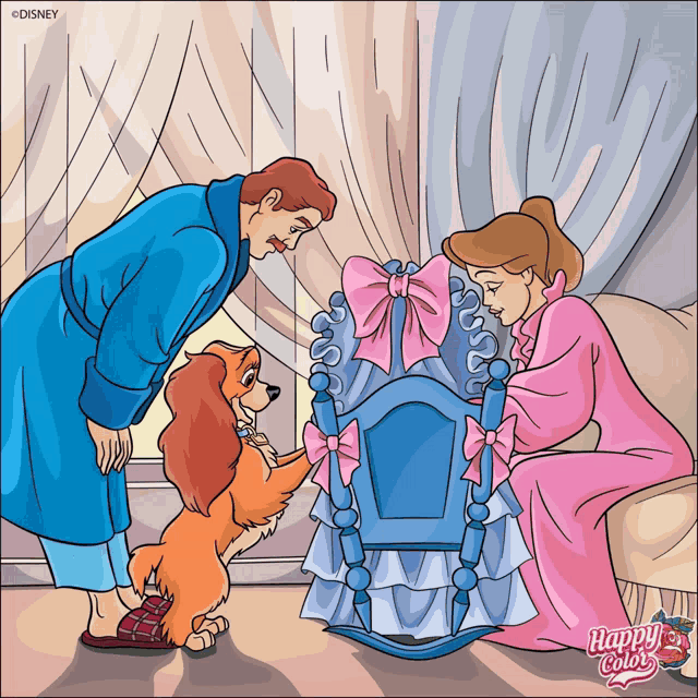 a cartoon of lady and the tramp with a happy color sticker