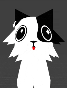 a black and white cartoon cat with a red tongue
