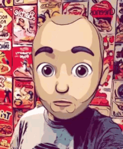 a cartoon drawing of a man standing in front of a wall of cereal boxes including a box that says sidney