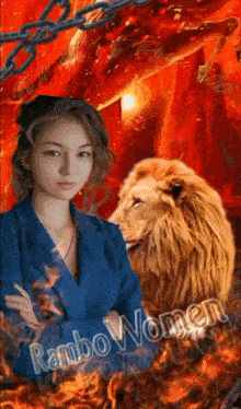a woman is standing next to a lion and the words rambo women are on the bottom