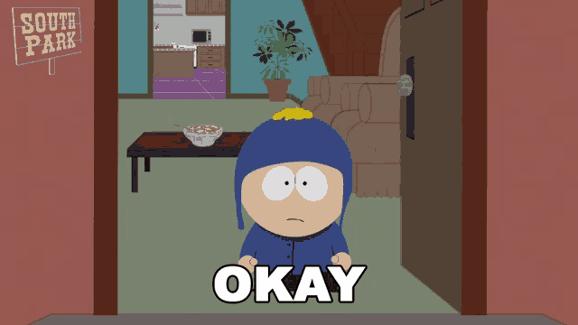 a cartoon character from south park says okay in front of a living room