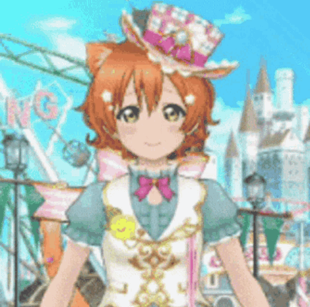 a girl with a cat ear and a top hat stands in front of an amusement park