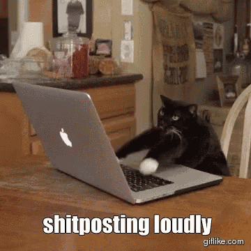 a black cat is playing with an apple laptop and the words shitposting loudly are visible