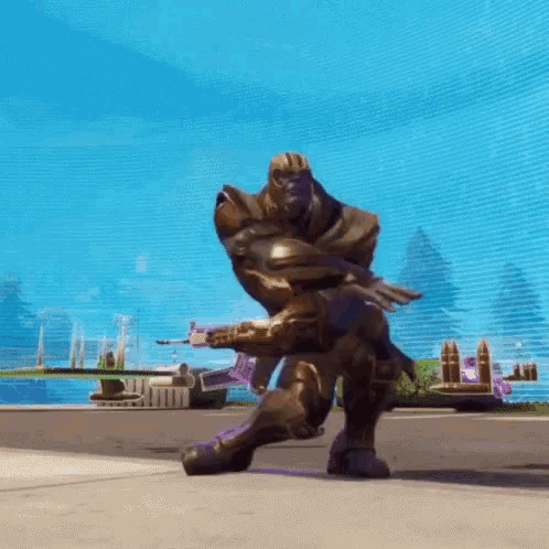 thanos from avengers : age of ultron is standing on a street holding a sword .