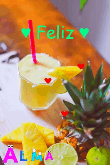 a picture of a pineapple and a drink with the word alma on it