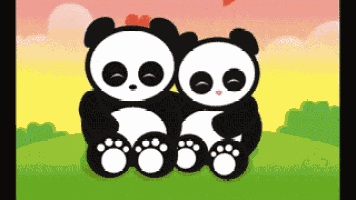 two panda bears are hugging each other in a field with hearts in the background