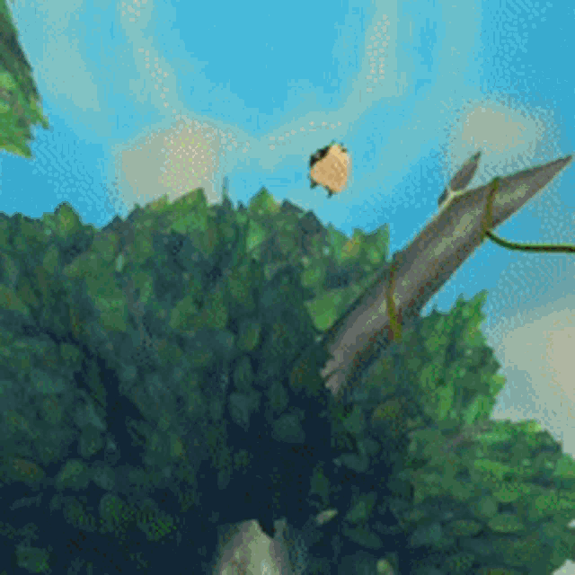 a bird is flying over a tree branch