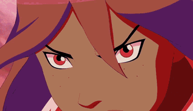 a close up of a cartoon character with red hair