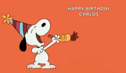 snoopy is wearing a party hat and blowing a party horn while saying happy birthday carlos .