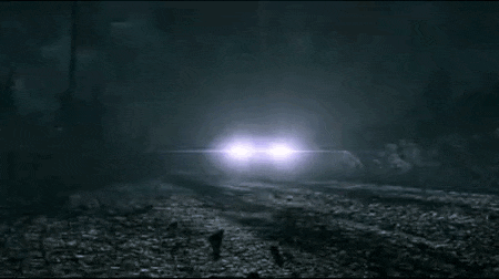 a car is driving down a foggy road at night in the woods .