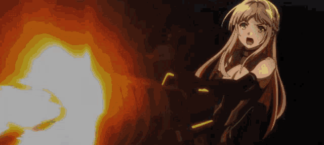 a girl with long blonde hair is standing in front of a fire in a dark room
