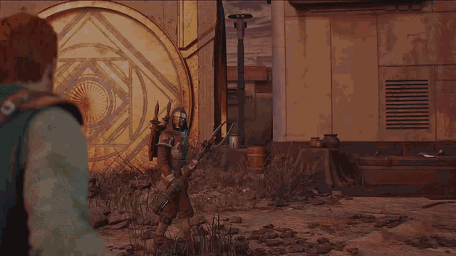 a man in a helmet is holding a sword in front of a large door