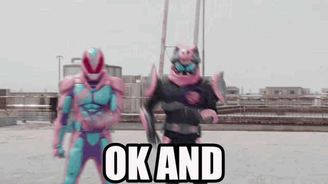 two kamen riders are standing on a roof with the words ok and written on the bottom