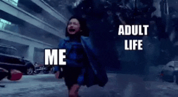 a little girl is running in a parking lot with the words `` adult life me '' written on the bottom .