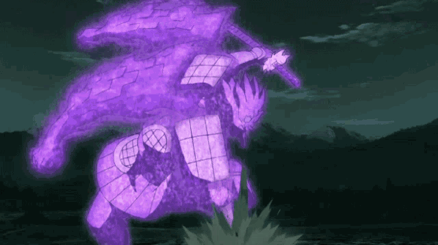 a purple dragon with a sword and shield is standing in the dark