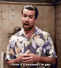 a man in a hawaiian shirt is talking about being gay .