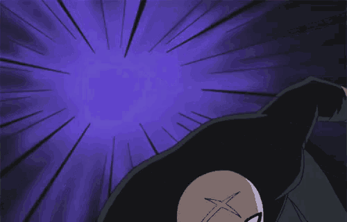a cartoon character with a red x on his head is standing in front of a purple light .