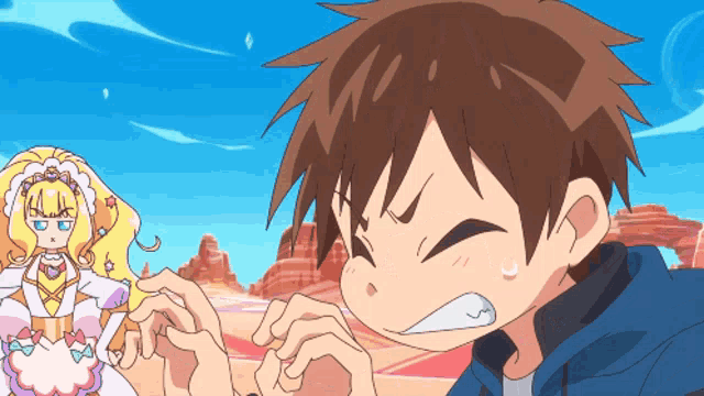a boy and a girl are holding hands in a cartoon scene