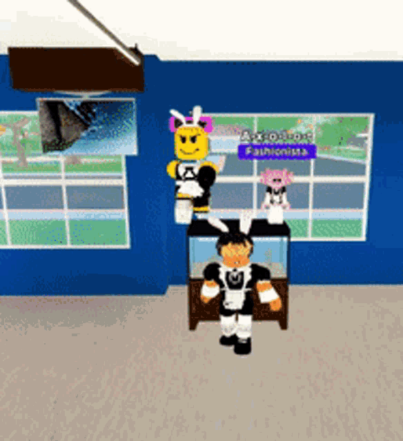 a boy in a maid outfit stands in front of a blue wall with a sign that says fashionista