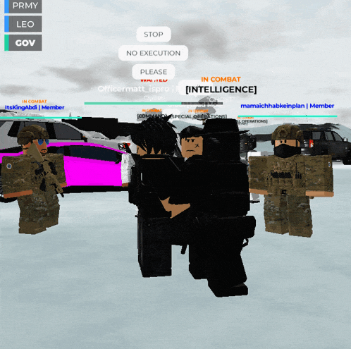 a group of soldiers are standing in front of a purple car and a stop sign