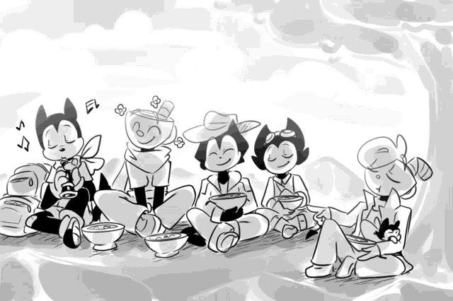 a black and white drawing of a group of cartoon characters sitting around eating
