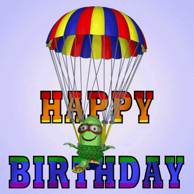 a happy birthday card with a colorful parachute carrying a green monster