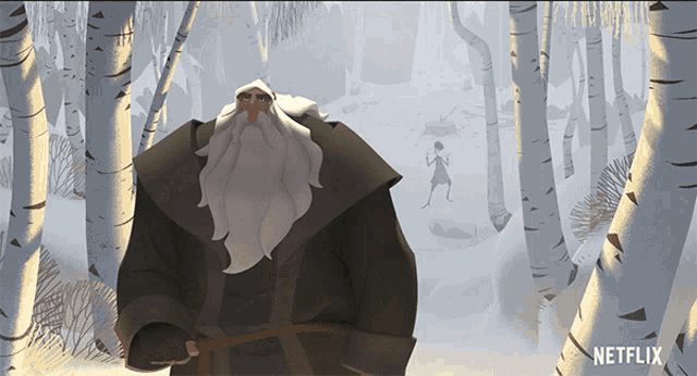 a man with a beard is standing in a snowy forest with a netflix logo on the bottom right