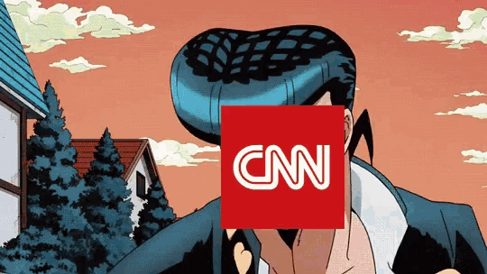 a cartoon character is holding a cnn logo in front of his face