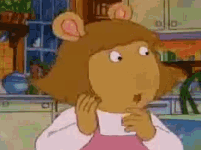 a cartoon character is standing in a kitchen with her hands on her chin .
