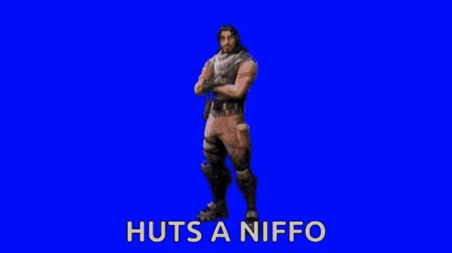 a man is dancing in front of a blue screen with the words `` huts a niffo '' .