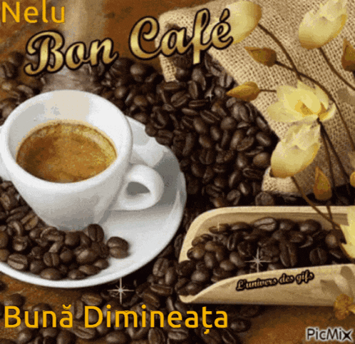 a cup of coffee sits on a saucer surrounded by coffee beans on a picture that says bon cafe