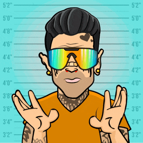 a cartoon drawing of a man wearing sunglasses and a tattoo on his face