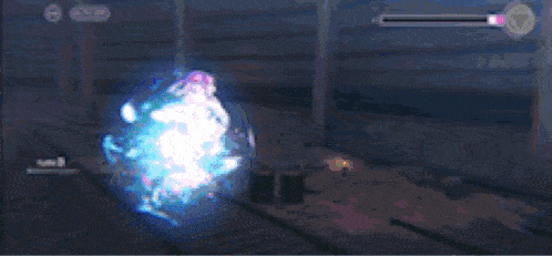 a screenshot of a video game with a girl in a pink dress surrounded by blue light .
