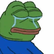 a pixel art of a green frog crying with tears coming out of his eyes .