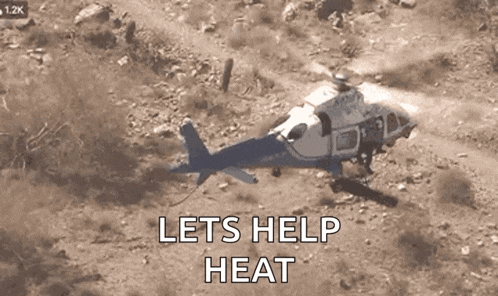 an aerial view of a helicopter with the words lets help heat