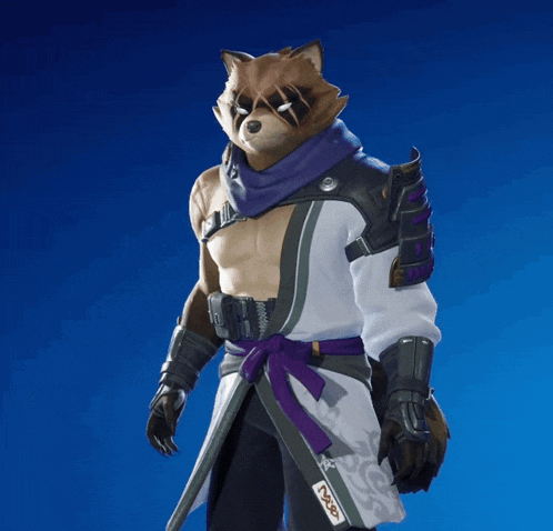 a raccoon with a purple scarf around his neck is wearing a white robe