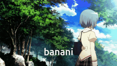 a girl in a school uniform is standing in front of trees and the word banani is on the bottom