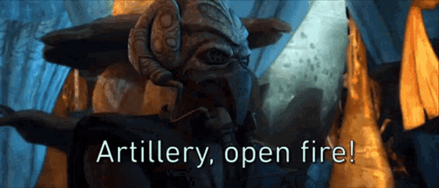a cartoon character says " artillery open fire "