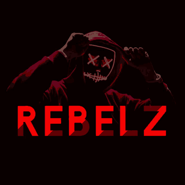 a man in a red hoodie has a neon mask on his face and the word rebelz in red