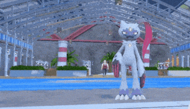 a computer generated image of a man and a robot walking in front of a building